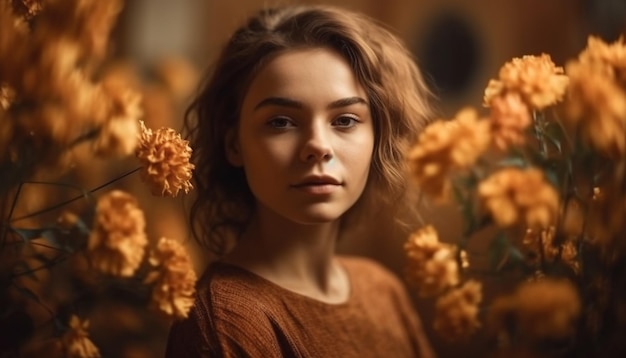 Jovem mulher sorrindo apreciando a beleza natural ao ar livre gerada por IA