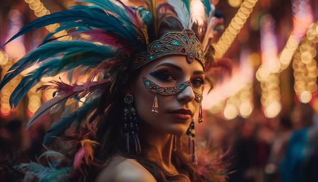 Jovem mulher sorrindo em fantasia colorida de carnaval gerada por IA