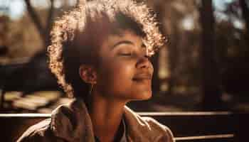 Foto grátis jovem mulher sorrindo na natureza ao pôr do sol gerado por ia