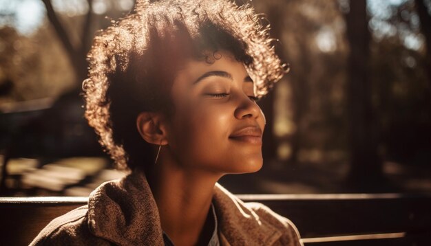 Jovem mulher sorrindo na natureza ao pôr do sol gerado por IA