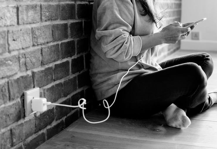 Foto grátis jovem, mulher, usando um smartphone como está sendo cobrado