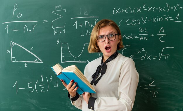 Jovem professora assustada usando óculos em frente ao quadro-negro segurando um livro na sala de aula