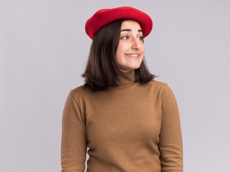 Foto grátis jovem sorridente, bonita, caucasiana, com chapéu de boina, olhando para o lado isolado na parede branca com espaço de cópia