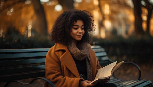 Jovem sorrindo lendo livro na natureza gerado por IA