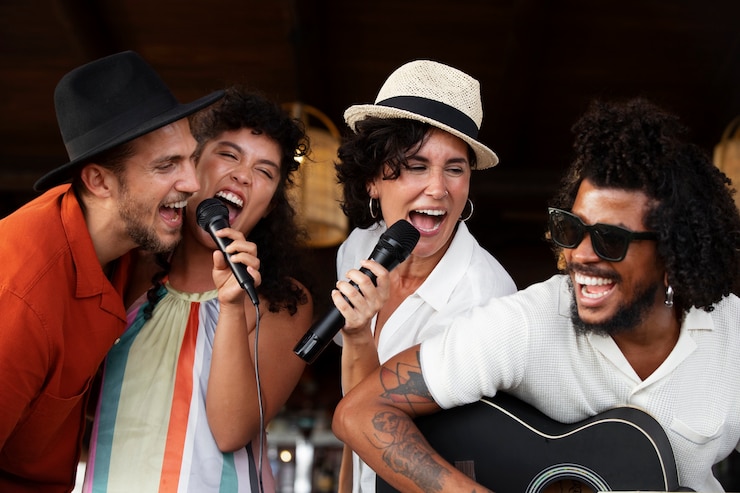 Foto grátis jovens adultos a divertirem-se no microfone aberto.