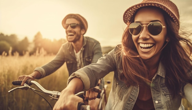 Foto grátis jovens adultos pedalando juntos aproveitando a luz do sol de verão gerada pela ia