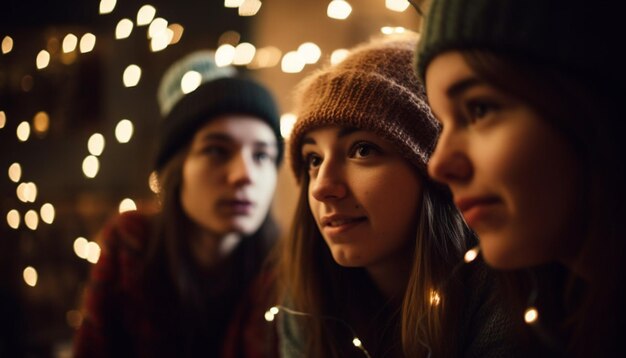 Jovens adultos sorrindo iluminados por luzes de Natal geradas por IA