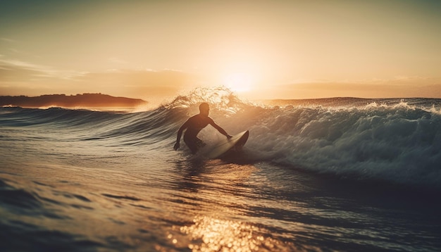 Jovens adultos surfando ondas na silhueta do pôr do sol geradas por IA