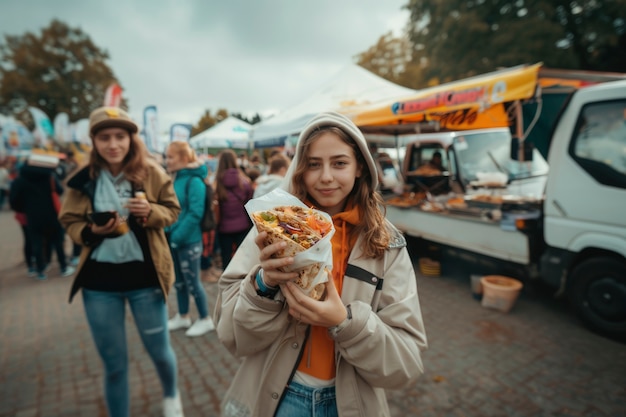 Foto grátis jovens desfrutando de comida de rua