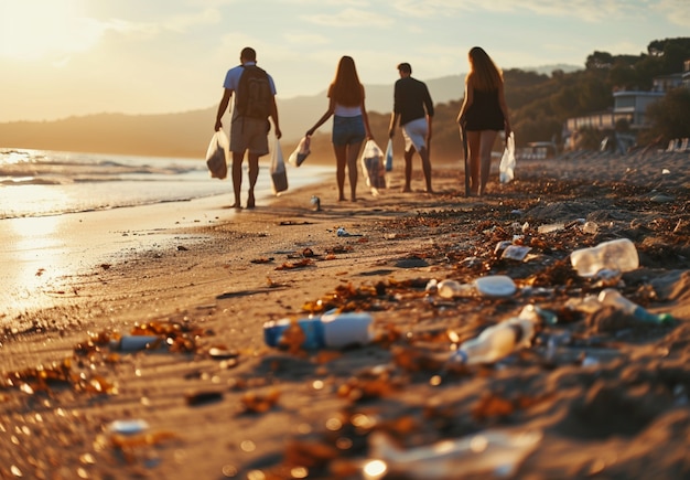 Foto grátis jovens limpando o lixo da praia