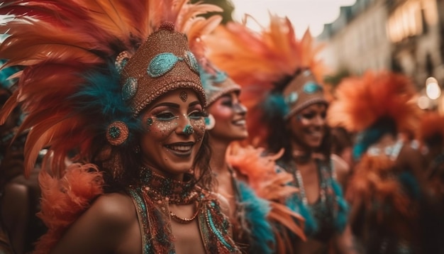 Jovens mulheres sorridentes dançando samba em desfile gerado por IA