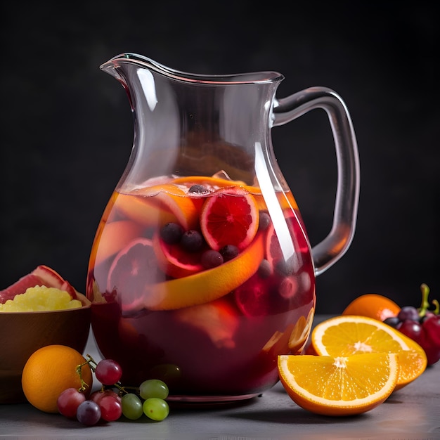 Foto grátis jug de sangria com frutas e bagas em um fundo preto