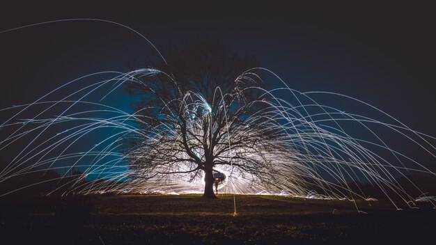 Lã de aço girando acima do solo perto de uma árvore durante a noite