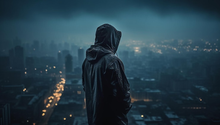 Foto grátis ladrão encapuzado andando na cidade escura gerada por ia