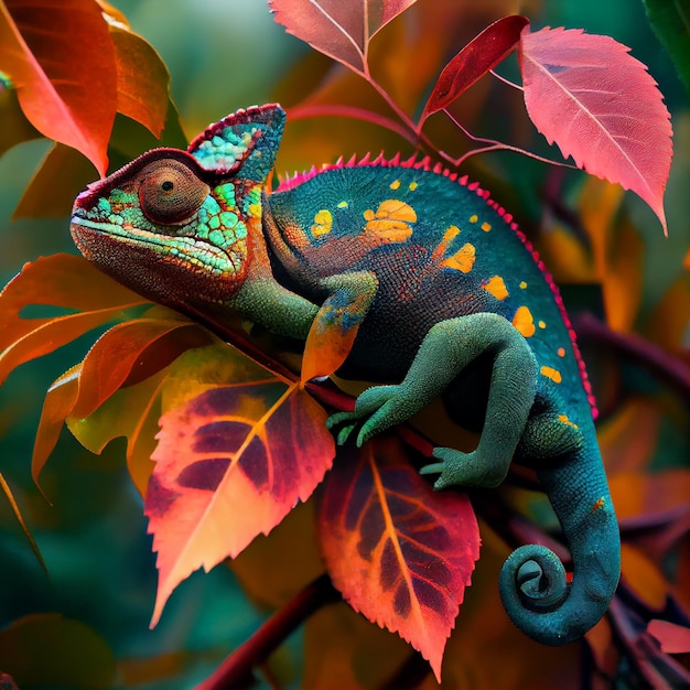 Lagarto multicolorido empoleirado na IA generativa das folhas