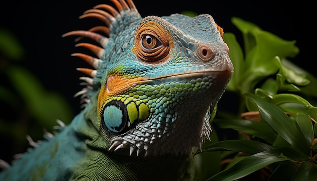 Lagarto verde em padrão de escalas de galhos olhando para câmera gerada por inteligência artificial