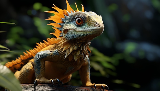 Foto grátis lagarto verde empoleirado no galho com suas escamas e cabeça com chifres gerados por inteligência artificial