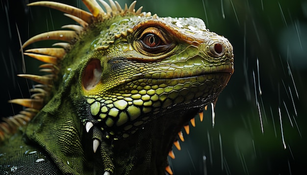 Lagarto verde na floresta tropical olhando com olhos assustadores gerados por inteligência artificial