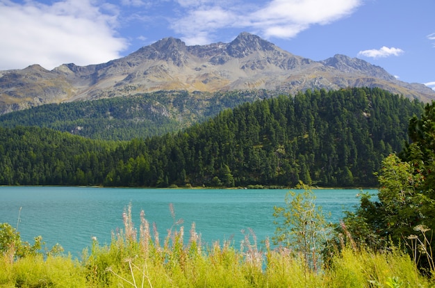 Lago Champfer Alpine cercado por montanhas cobertas de vegetação sob o sol na Suíça