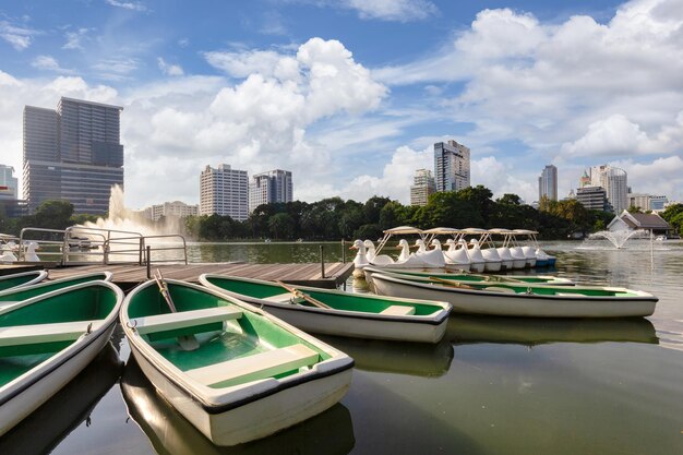 Lago natural em parque público no centro da cidade com fundo de edifícios comerciais, bangkok, tailândia