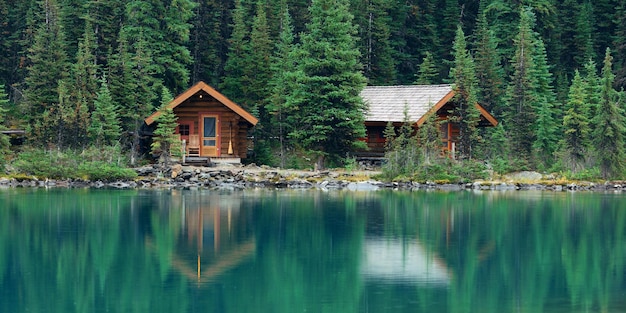 Lago O'hara no Parque Nacional de Yoho com carabina à beira-mar.