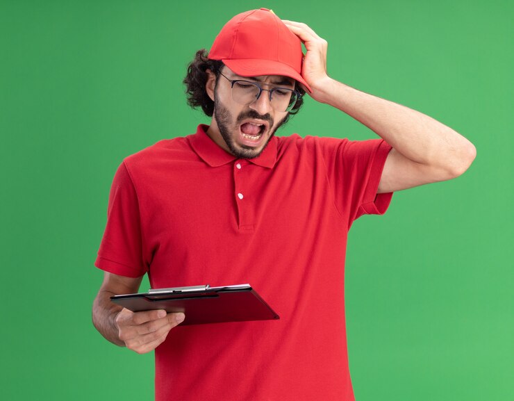 Foto grátis lamentando jovem entregador de uniforme vermelho e boné de óculos segurando uma prancheta e um lápis colocando a mão na cabeça olhando para a prancheta isolada na parede verde