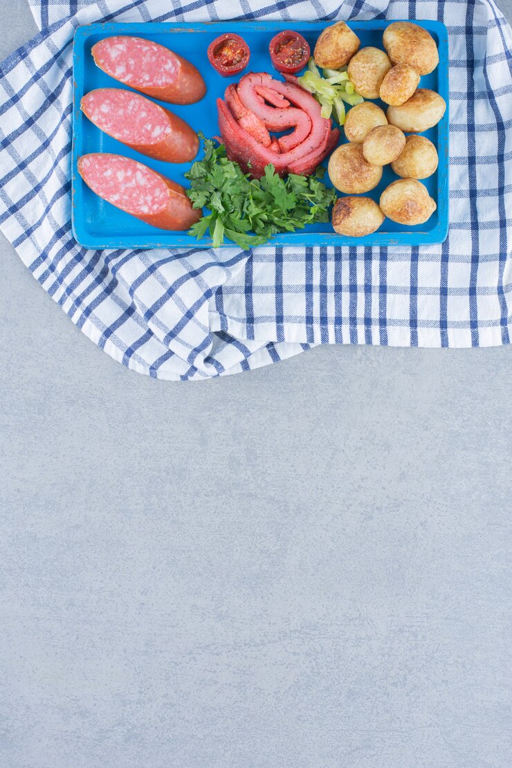 Foto grátis lanches perfeitos. batata, bacon salame com legumes.