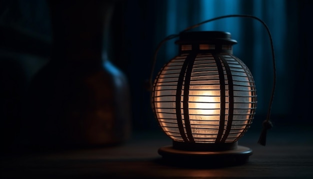 Lanterna antiga brilha com luz de velas na escuridão gerada por IA