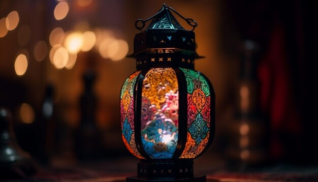 Lanterna antiga brilha iluminando a noite escura do Ramadã gerada por IA
