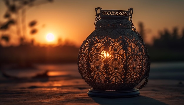 Foto grátis lanterna antiga brilha no calor tranquilo do pôr do sol gerado pela ia