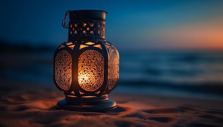 Foto grátis lanterna árabe iluminada à luz de velas ao entardecer gerada por ia