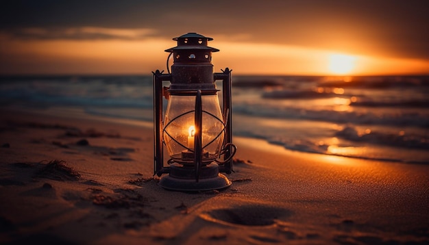 Foto grátis lanterna brilhante ilumina a cena tranquila do pôr do sol gerada pela ia