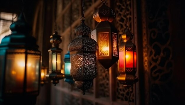 Lanternas iluminadas penduradas em janelas antigas ornamentadas geradas por IA