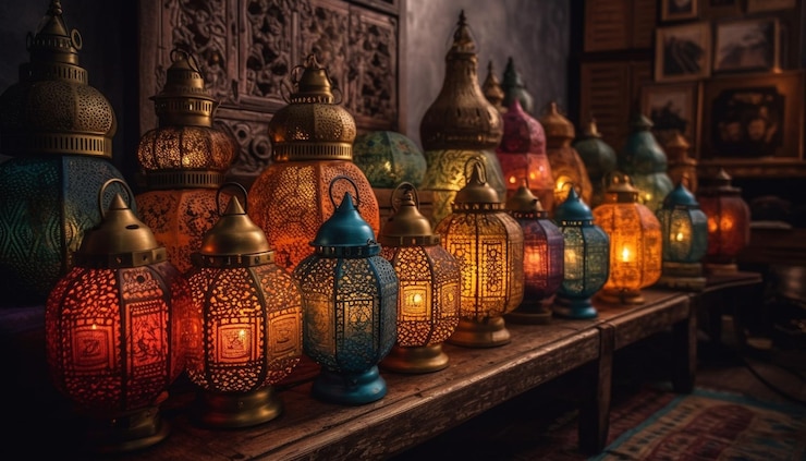 Foto grátis lanternas ornamentadas iluminam a espiritualidade turca dentro de casa à noite gerada por ia