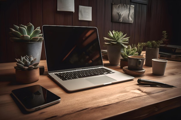 Foto grátis laptop com tela em branco em mesa de madeira em foto de estoque de escritório