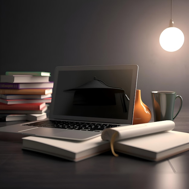 Laptop e livros na mesa ilustração de renderização 3D
