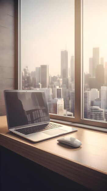 Foto grátis laptop e mouse em mesa de madeira perto da janela com vista para a cidade conceito de local de trabalho