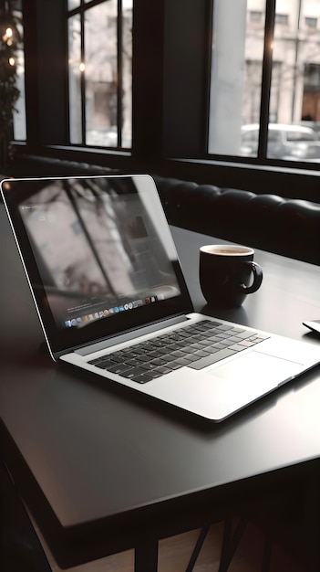 Laptop e xícara de café em mesa de madeira em close-up de café