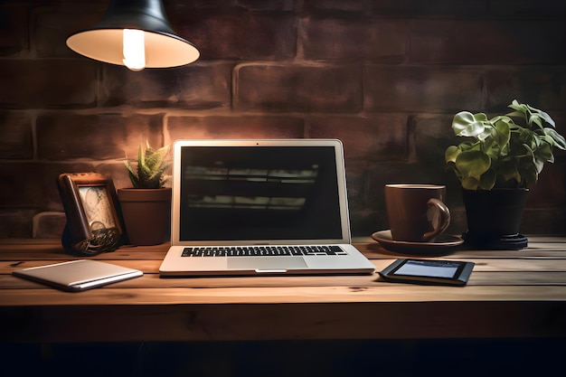 Laptop e xícara de café em uma mesa de madeira em uma sala escura