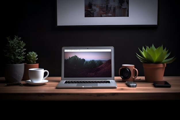 Laptop em mesa de madeira em sala escura com xícara de café de planta e outros itens