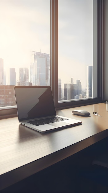 Foto grátis laptop em mesa de madeira no escritório com vista para a cidade mock up 3d rendering