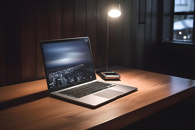 Foto grátis laptop em uma mesa de madeira em um quarto escuro com uma lâmpada