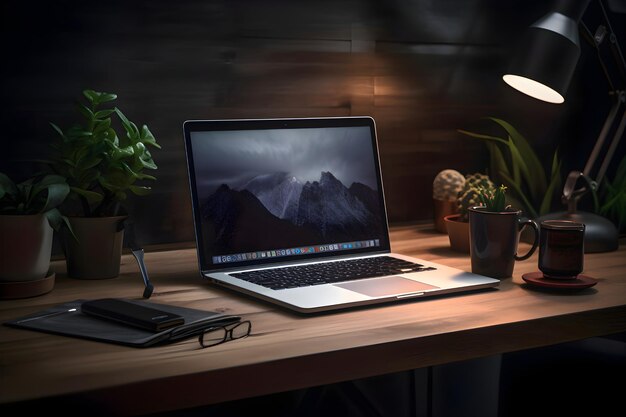 Laptop em uma mesa de madeira no escuro conceito de trabalho em casa