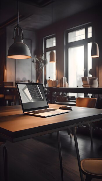 Laptop em uma mesa em um café ou restaurante Lugar de trabalho com um laptop