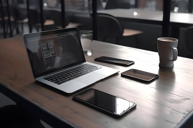 Foto grátis laptop, smartphone e xícara de café em uma mesa de madeira em uma cafeteria