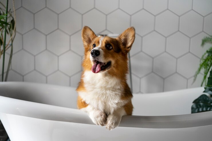 Foto grátis lavar cachorro de estimação em casa