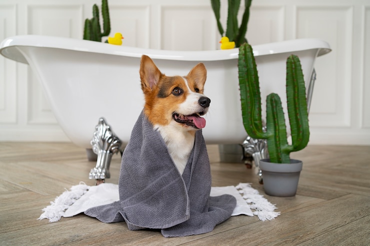 Foto grátis lavar cão de estimação em casa