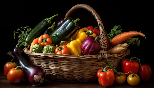 Legumes frescos em cesta de vime na mesa gerada por IA