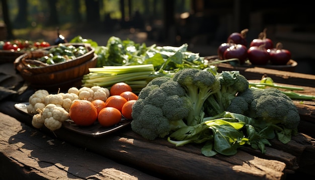Legumes orgânicos frescos em mesa de madeira, alimentação saudável ao ar livre, gerados por inteligência artificial