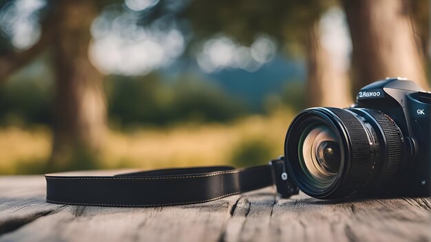 Foto grátis lente de câmera e cinto de couro em uma mesa de madeira no parque